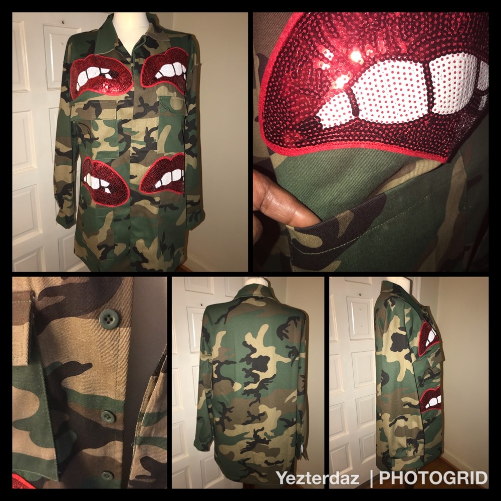 Camo jacket-Camouflage jacket with sequin lips - Picture 2 of 6